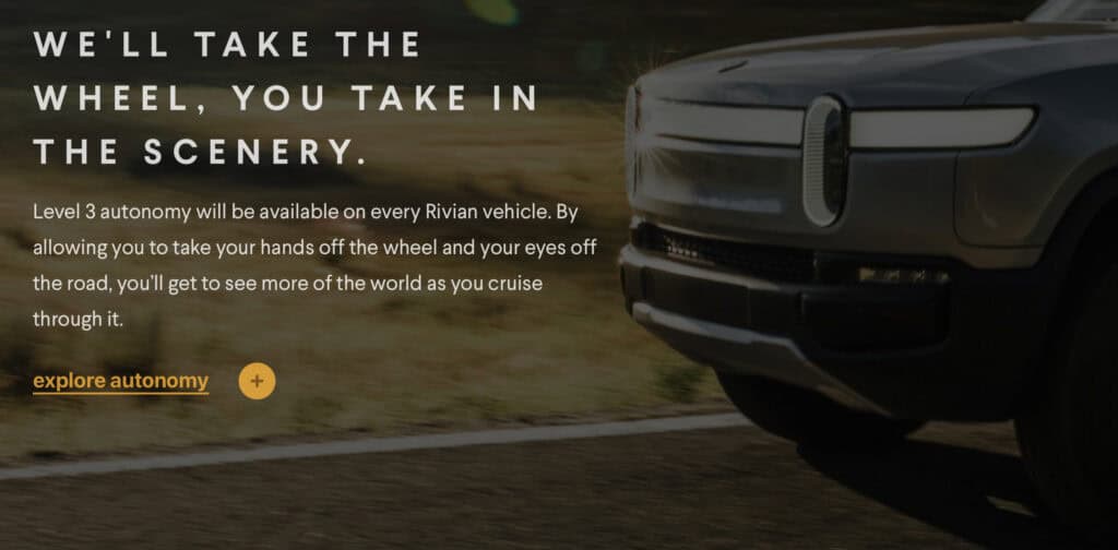 Screenshot from Rivian.com in 2019 showing Level 3 autonomy promises