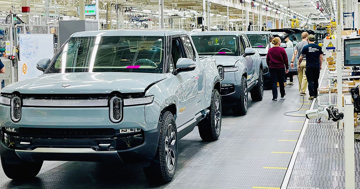 Factory line of Rivian R1T being built
