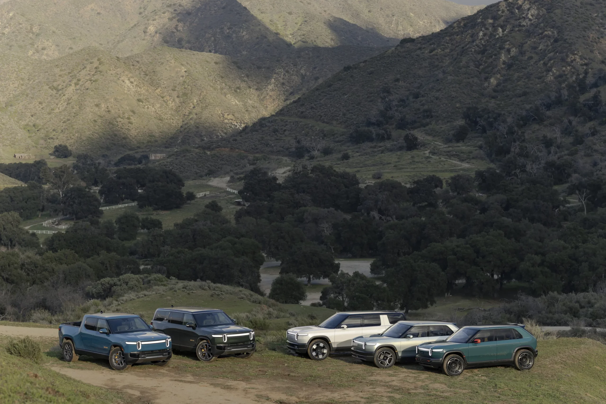 Rivian family featuring R1T, R1S, R2, R3, and R3X