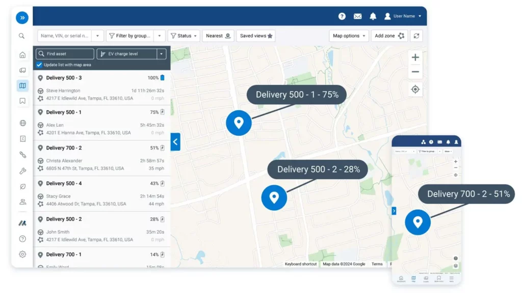 Geotab interface showing multiple Rivian Delivery Vans on a map